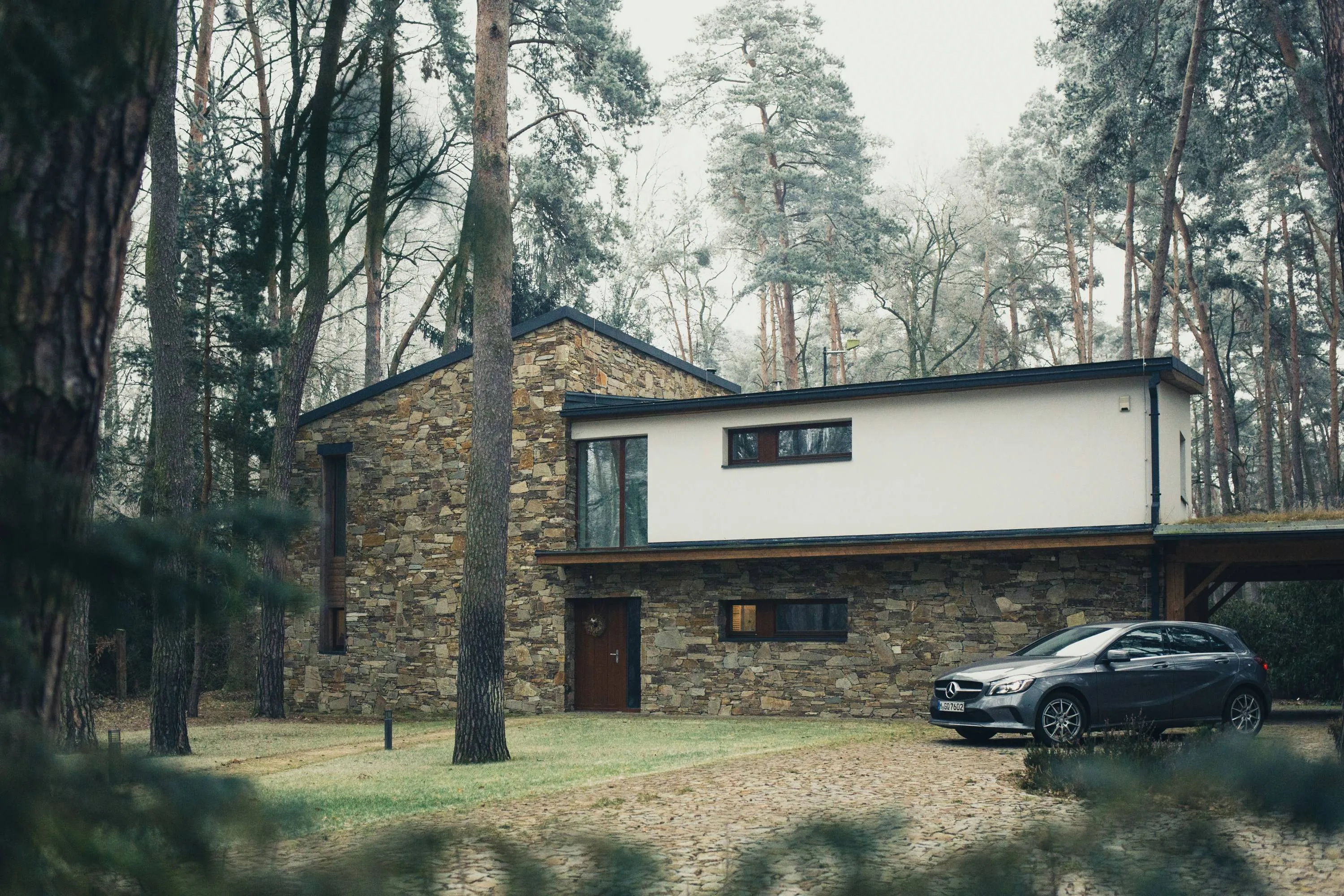 Courtyard House framed by mature trees